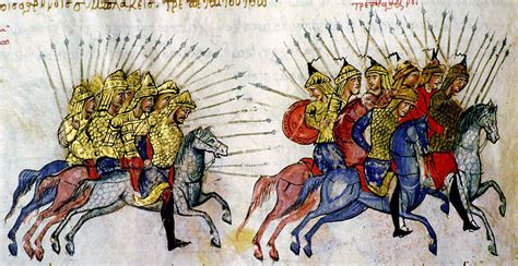 Illustration from Scylitzes Chronicle f54v A battle between Byzantines ...