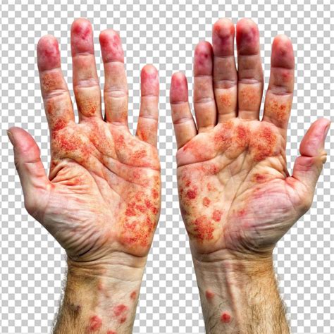 Eczema dermatitis on hands and feet red spots on transparent background