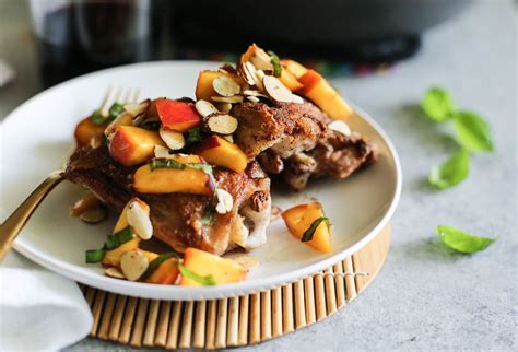 Crispy Cinnamon Spiced Chicken Thighs with Peach Basil Salsa — Set the