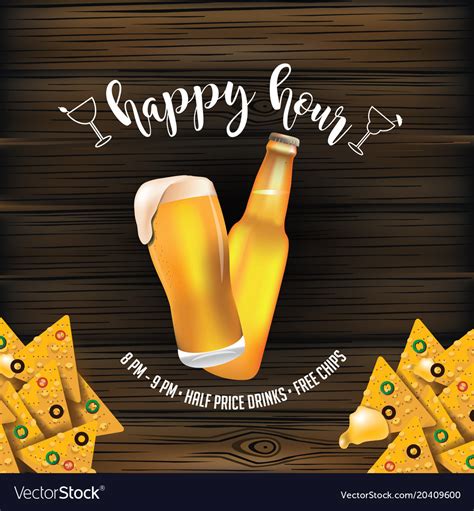 Happy-hour-beer-chips-wood Royalty Free Vector Image