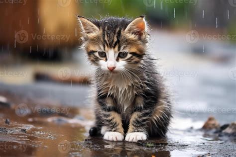 AI generated Sad abandoned wet hungry kitten sitting in the street