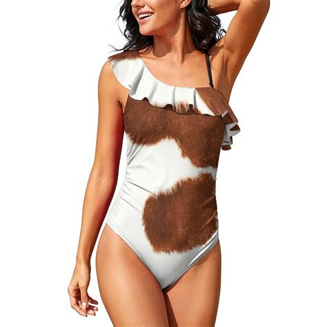 Cow Print Texture One-Piece Swimsuit One Shoulder Ruffle Women Swimsuit