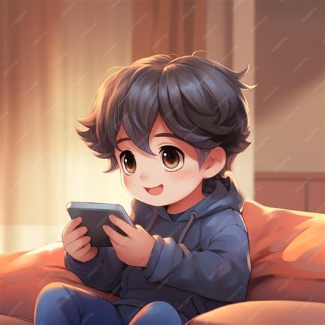 anime boy sitting   couch holding  cell phone generative ai