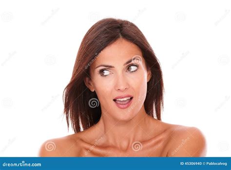 Surprised Latin Woman Looking To Her Right Stock Photo - Image of nude