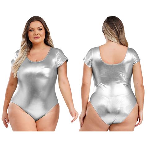 Nyeemya Women Plus Size Adult Shiny Patent Leather Short Sleeve One