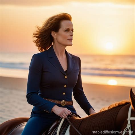 Sigourney Weaver Riding Horse at Sunset | Stable Diffusion Online