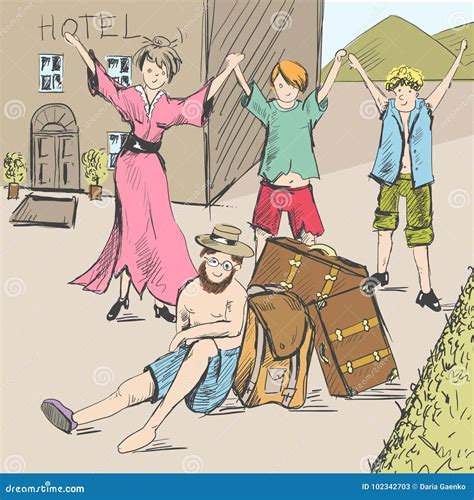 Comic Strip. Tired Travelers Came To Civilization. a Guide is Exhausted