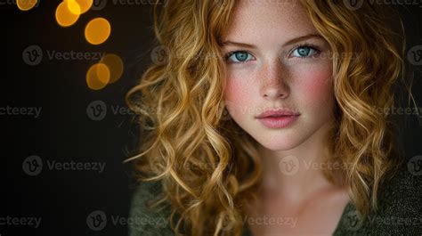 curly blonde haired girl gazes directly into camera her captivating