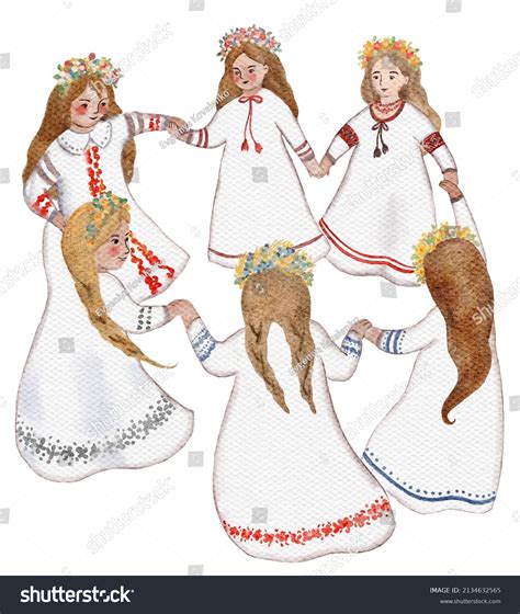 Watercolor Illustration Slavic Round Dance Stock Illustration