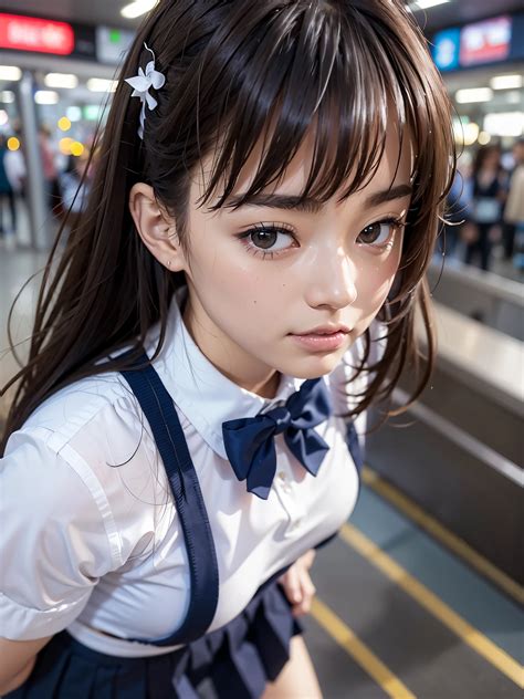 There is a young woman with a bow tie and suspenders - SeaArt AI