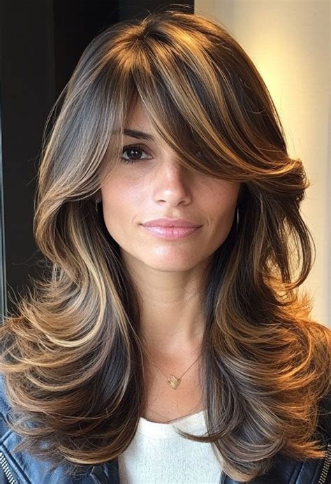 curtain bangs  layered long hair bronzed brunette layers