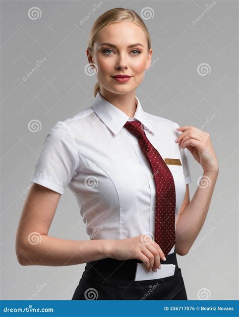 Woman in Waitress Uniform Using Name Tag Confident Posture Stock
