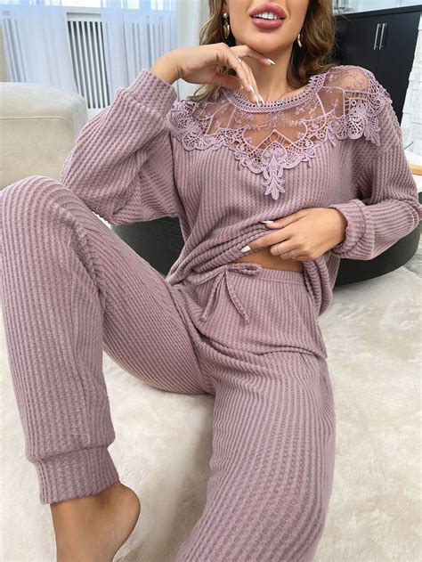 Contrast Lace Waffle Knit PJ Set | Sleepwear fashion, Cute sleepwear ...