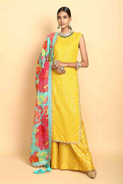 Buy Vikram Phadnis Yellow Floral Embroidered Kurta Set Online | Aza