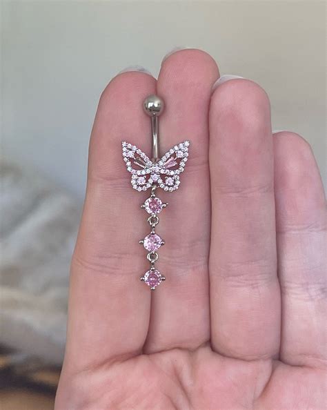 Silver Butterfly Belly Button Ring – Pink CZ Dangle Navel Piercing