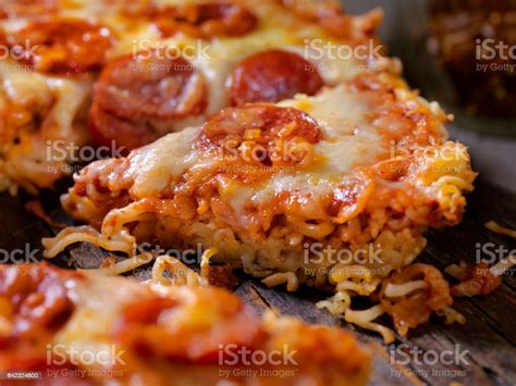 Ramen Noodle Crust Pepperoni Pizza Stock Photo - Download Image Now ...