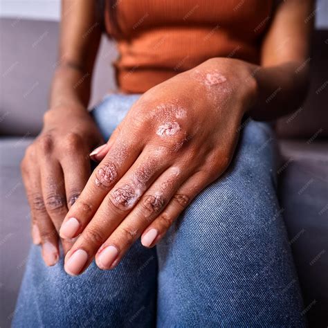 Psoriasis on hands of patient beautiful young girl hand closeup