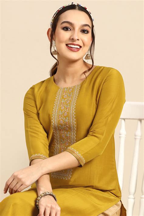 Trendy Fashion Mustard Yellow Cotton Rayon Embroidered Kurti LKV001543