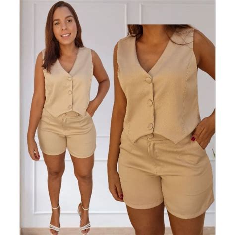 Conjunto Colete E Short Alfaiataria Linho - Conjunto Alfaiataria Short e colete feminino linho luxo | Shopee Brasil