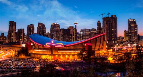 Panorama of Calgary City Downtown Skyline At Sunset Blue Hour - Stadium
