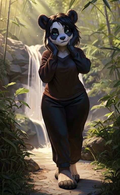 A close up of a person in a panda costume walking in a forest - SeaArt AI