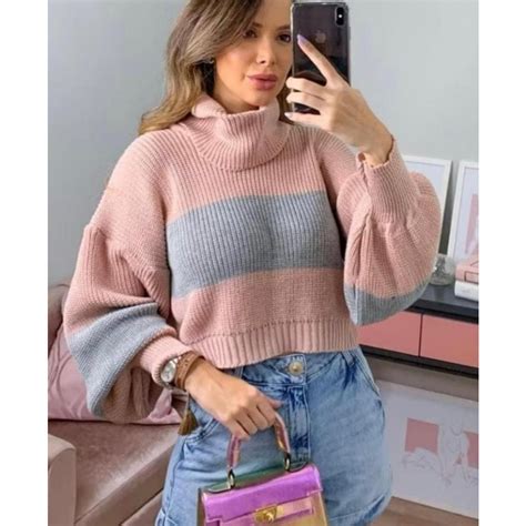 Blusa De Frio Na C&a - Blusa de Frio Feminina de Lã Gola Alta Tricot Manga Longa Bufante Fang ...
