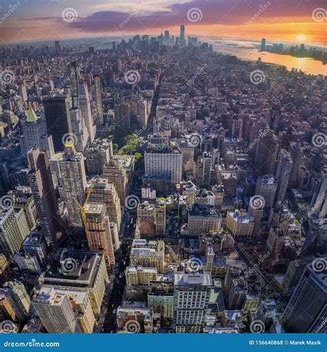 Amazing Aerial View of Manhattan with Sunset Editorial Stock Photo