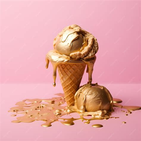 Premium AI Image | A gold ice cream cone has a picture of a melting ice