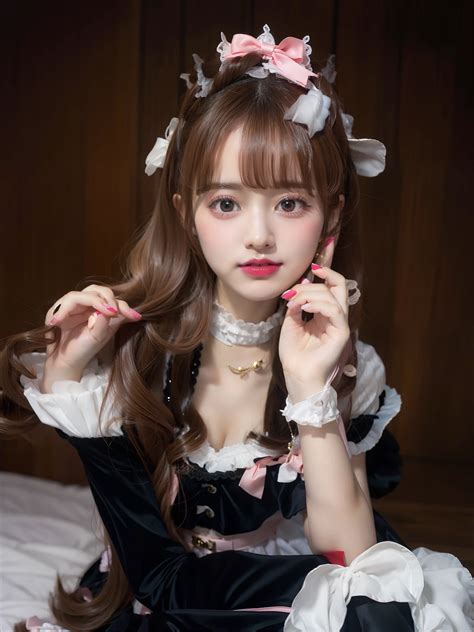 A close up of a woman in a maid outfit sitting on a bed - SeaArt AI