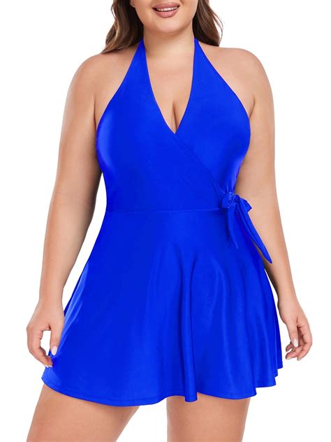 Ocean Blues Women's Plus Size Swimdress Halter Deep V Swimwear One