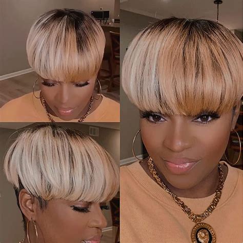 Short Pixie Cut Wigs with Bangs for Women,Ombre Grey Bob Wigs Brown Mixed Black Color Synthetic ...