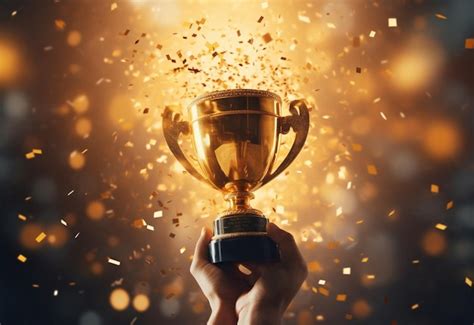 Premium AI Image | Hand holding gold trophy cup with confetti ...