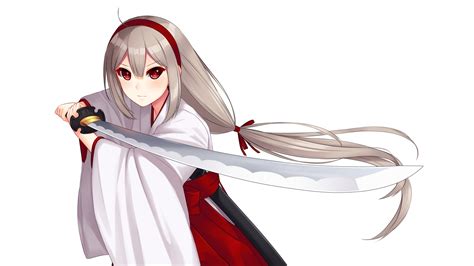 gray hair, weapon, white background, katana, headband, sword, miko