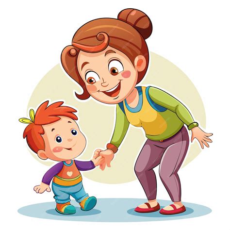 Happy mom and son cartoon characters holding hands and walking together
