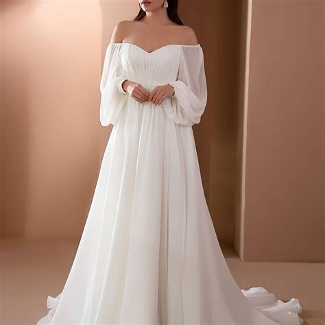 Off Shoulder Gown Wedding Dresses Elegant Solid Ruched Mopping High ...