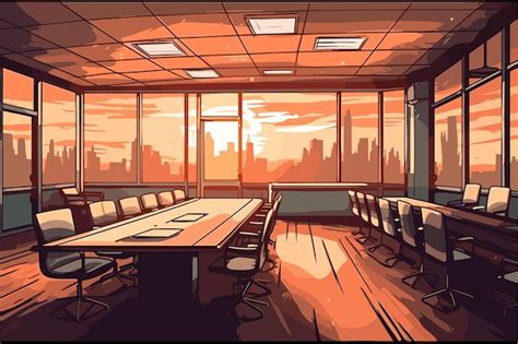 Premium Vector | A cartoon of a conference room with a view of the city.