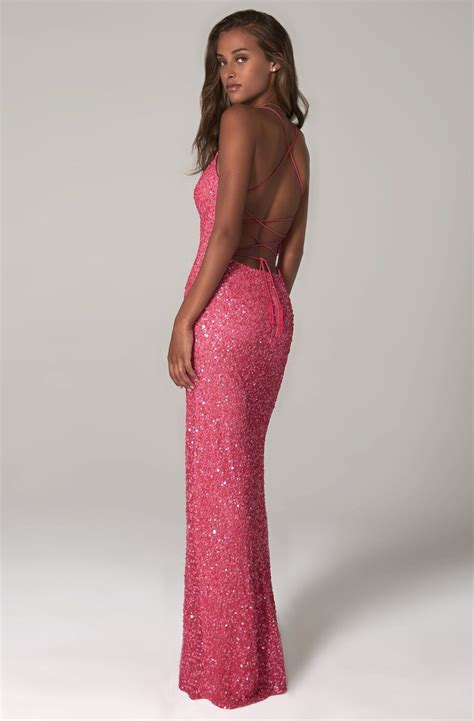 SCALA - 60100 Scoop Sequined Column Dress | Hot pink prom dress, Tight