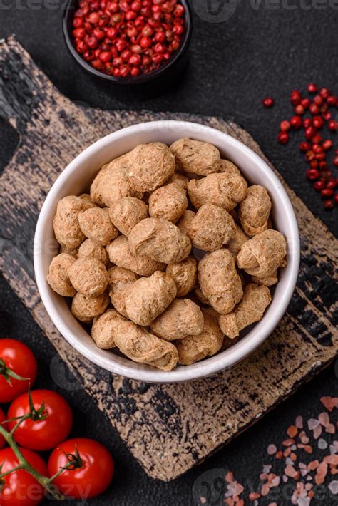 Dry soybean meat pellets, diet food for vegan and vegetarian cuisine