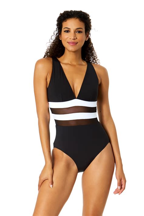 Anne Cole Gabor Mesh Plunge Front Colorblock One Piece Swimsuit