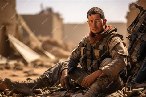 Premium AI Image | a man sitting on the ground in front of a destroyed ...