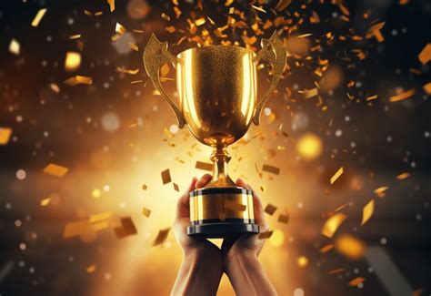 Premium AI Image | Hand holding gold trophy cup with confetti ...