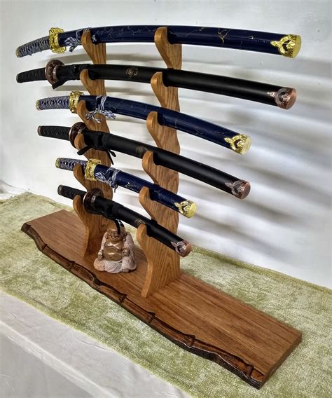 6 Tier Rustic Oak Sword Display Stand Mantel Desk Top Japanese Samurai ...