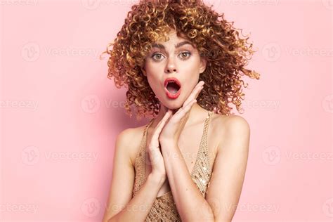 Beautiful woman Surprise wide open mouth emotions charm background