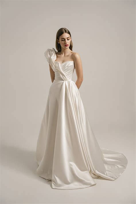 Satin Ivory Wedding Dress, Corset Wedding Dress, A-line One Shoulder