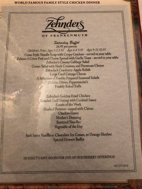 Menu at Zehnder's of Frankenmuth restaurant, Frankenmuth