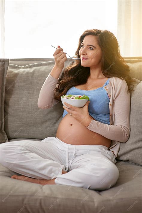 Premium Photo | Woman sofa and pregnant with salad for eating with
