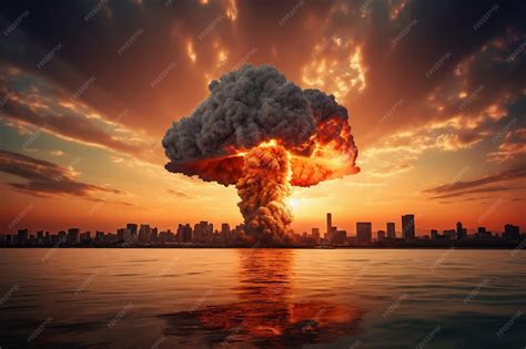 Explosão nuclear tendo como pano de fundo uma grande cidade no mar ou