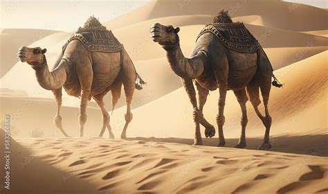 two camels are walking in the desert with sand dunes in the backgrouds ...
