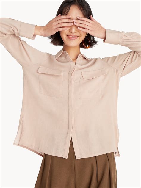 Hidden Button Up Shirt - Beige - Pomelo Fashion