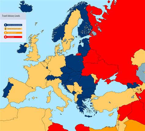 Map of safety in European and surrounding countries based on travel